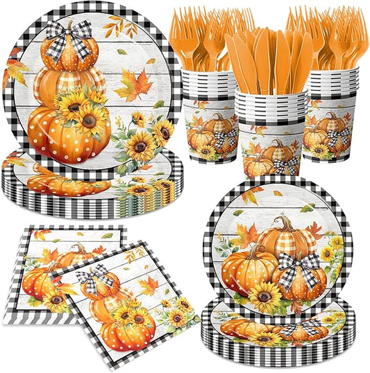 Fall Party Decorations,144Pcs Fall Thanksgiving Tableware Set Includes Plates,Napkins,Knife,Fork Black and White Buffalo Plaid Pumpkin Theme Decorations for Autumn Harvest,Thanksgiving Day
