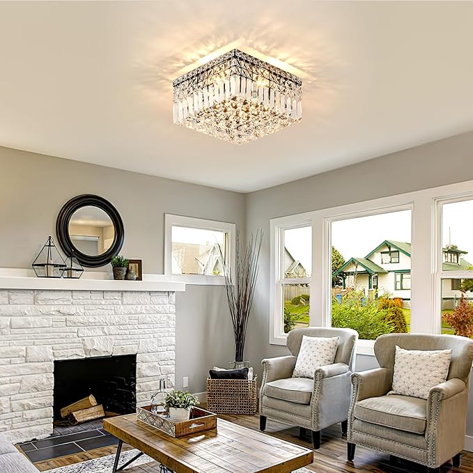 4-Light Black Crystal Chandeliers Flush Mount Chandelier Light Fixture with K9 Crystals Modern Ceiling Lights Elegant Square Lamp for Bedroom,Hallway,Bar,Living Room,Dining Room,H5.9 xW13.7