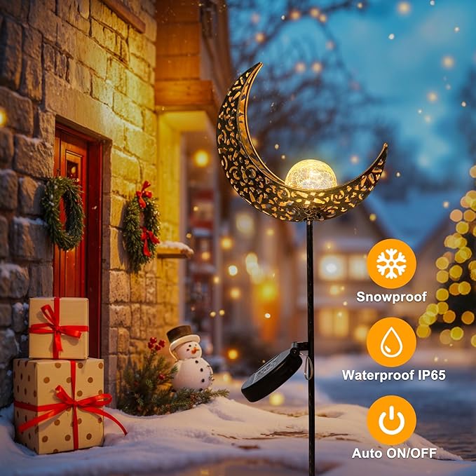 2Pack Moon Garden Solar Lights Outdoor Stakes Waterproof, Gifts for Mom, Crackle Glass Patio, Backyard Decorations, Balcony Lawn Ornaments, for Women Men Grandma (Bronze)
