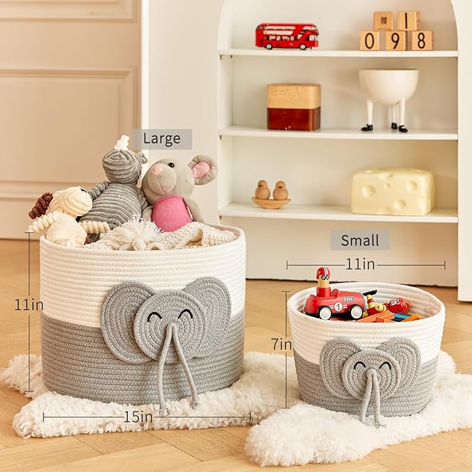 Large Baby Cute Storage Basket for Organizing -Elephant White & Grey 15""x15""x11"", 2024282319065