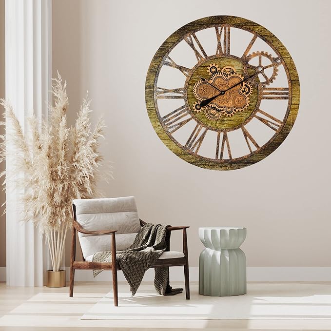 The Gears Clock 36'' Inch Real Moving Gear Wall Clock Vintage Industrial Oversized Rustic Farmhouse (Gold Antique)