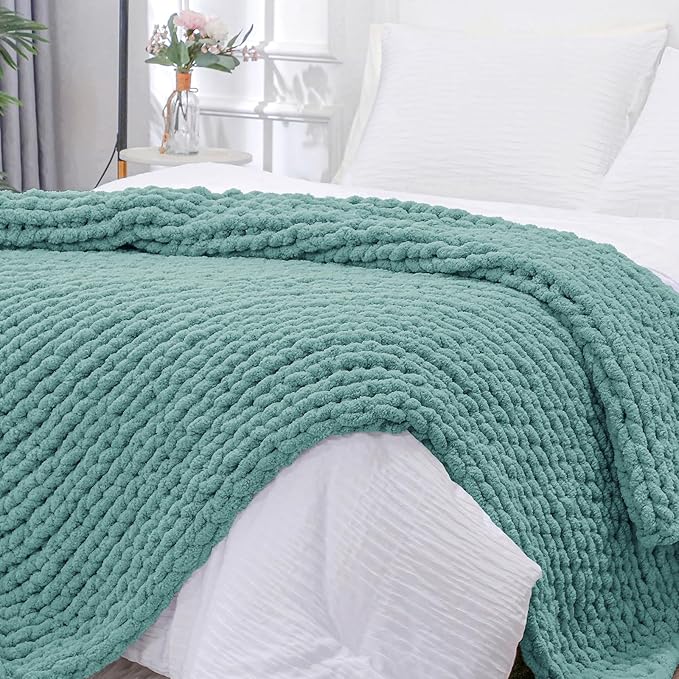 Bigacogo Chunky Knit Throw Blanket for Couch, 51x63 inches, 100% Hand Knitted with Thick Jumbo Chenille Yarn, Cozy Soft Large Rope Knot Cable Crochet Blankets for Sofa Bed Living Room, Light Teal