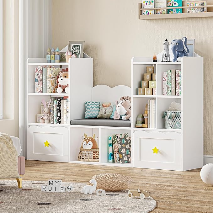 Kids Bookshelf with Reading Nook, Kids Bookcase with Soft Cushion Seat, 2 Wheels Drawers and 8 Storage Cubbies, Toy Storage Organizer for Kid's Room Playroom, Bedroom, School, White