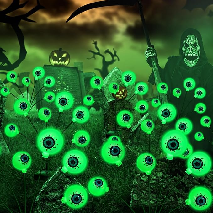 Solar Halloween Decorations, 4 Pack 24 LED Spooky Eyeball Lights, Outdoor Waterproof Solar Green Firefly Lights for Garden Yard Patio Pathway Lawn Halloween Party