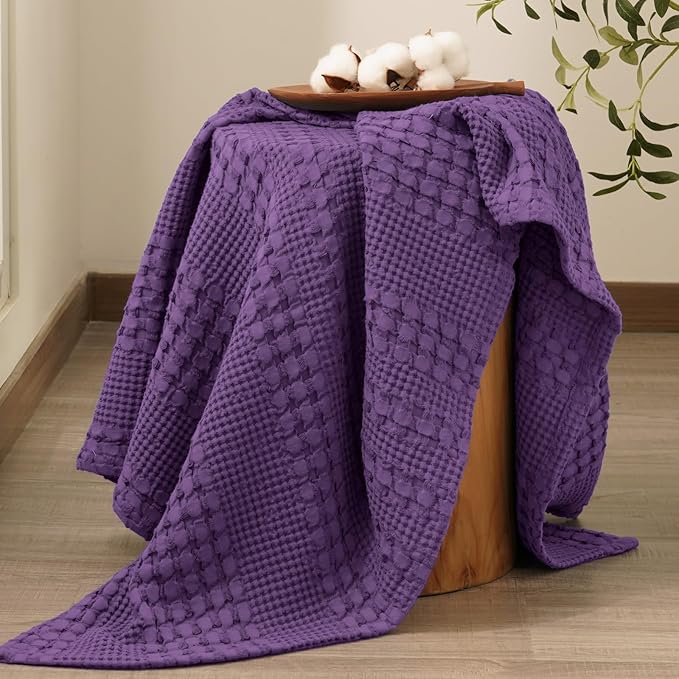 PHF 100% Cotton Waffle Weave Throw Blanket, Soft Lightweight Breathable Cozy Summer Throws for Couch Bed Sofa, Luxury Aesthetic Woven Blanket for Home Decor & Office, 50"x60", Grape