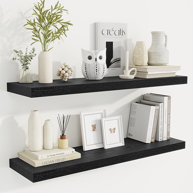 36 Inch Floating Shelves, 9.3 Inch Deep Rustic Wall Shelves - Extra Deeper Wall Mounted Storage Shelves for Bathroom, Kitchen, Living Room (Black, Set of 2)