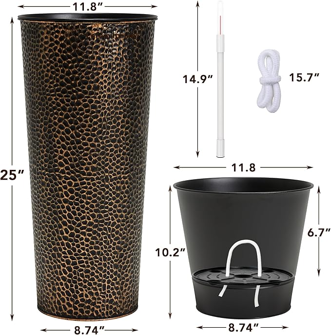 KOL 25" H. Metal Hand-Hammered Planters with Inner Pots 2-Pack, Bronze Decor Planter for Deck, Patio, Porch - Galvanized Steel Handcrafted Flower Pot - w/Water Level Indicator - Indoor Outdoor Use