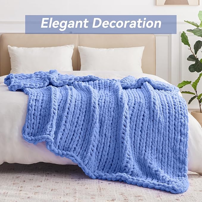 Chunky Knit Throw Blanket, 30''*40'' Knitted Throw Chenille Yarn for Bed Couch, Handmade Light Blue Crochet Big Thick Blanket, Machine Washable Cute Comfy Blanket for Home Decor