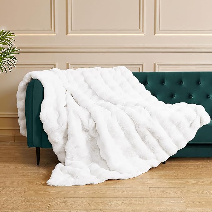 White Faux Rabbit Fuzzy Fur Queen Throw Fluffy Blanket 90x90 Soft Furry Blanket Queen Size for Bed Couch Cozy Bedroom Decor 1000 GSM