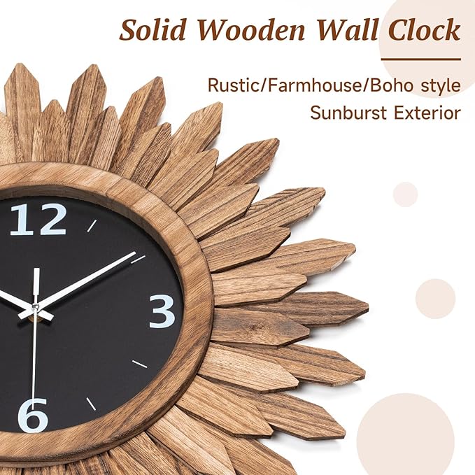 Honiway 14 Inch Wall Clock, Rustic Wood Boho Sunburst Decorative Wall Clocks Battery Operated Silent Non Ticking Farmhouse Small Wall Clocks for Living Room Kitchen Bedroom Home Decor (Rustic Brown)