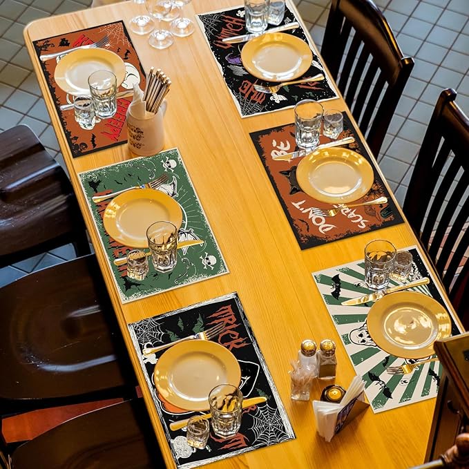 Halloween Placemats Set of 6 Vintage Plastic Table Mats Black Cat Place Mats Washable Ghost Witch Bat Rectangle Skull Table Decoration for Indoor Outdoor Party Kitchen Dining