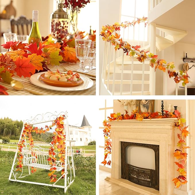 Joyhalo 2 Pack Fall Leaves Garland for Mantle, Autumn Leaf Garland Indoor Outdoor Fall Decor, Hanging Maple Leaves for Mantle, Door Frame, Fireplace and Thanksgiving Decor