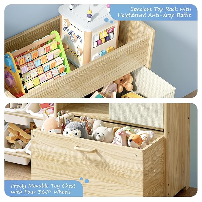 Toy Storage Organizer for Kids, 9-Bin Toy Organizer with 2-Drawers,Movable Toy Chest and Top Rack, Multifunctional Kids Bookshelf and Toy Storage for Living Room, Playroom, Nursery, White