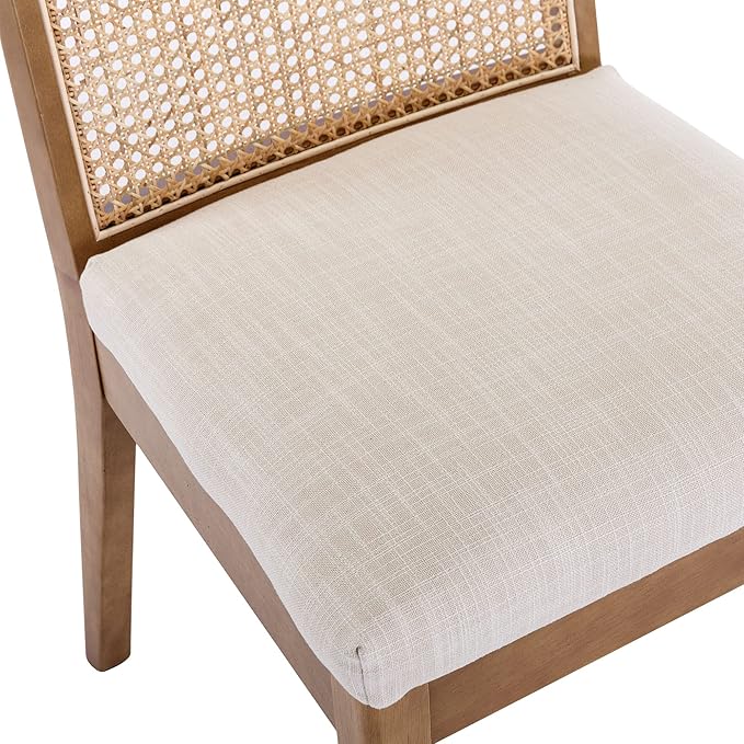 VESCASA Upholstered Dining Chairs with Square Rattan Back, Armless Padded Linen Cushion Dining Chairs with Wood Legs for Dining Room, Kitchen, Set of 6, Natural Frame