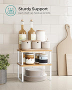 SONGMICS Cabinet Organizer Shelf, Set of 2 Kitchen Counter Shelves, Kitchen Storage, Spice Rack, Stackable, Expandable, Metal and Engineered Wood, Cloud White and Natural Beige UKCS02NW