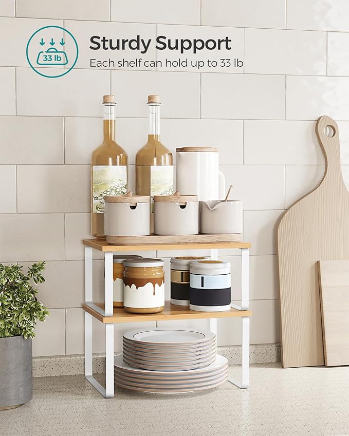 SONGMICS Cabinet Organizer Shelf, Set of 2 Kitchen Counter Shelves, Kitchen Storage, Spice Rack, Stackable, Expandable, Metal and Engineered Wood, Cloud White and Natural Beige UKCS02NW