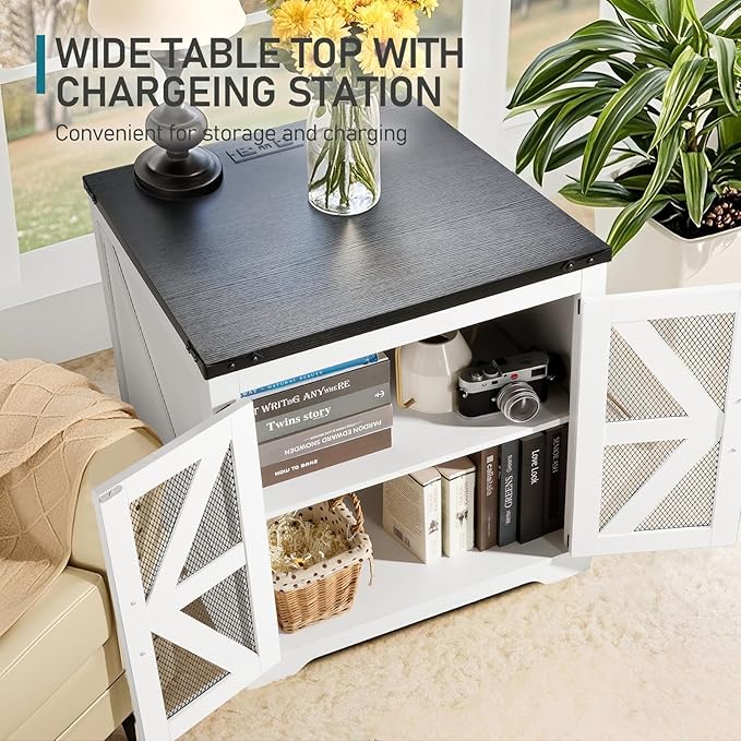 Farmhouse End Table Set of 2, 24" Large Sofa Side Table with Charging Station, Mesh Barn Door, White Nightstand with Adjustable Storage Shelf, Square Nightstand for Living Room, Bedroom