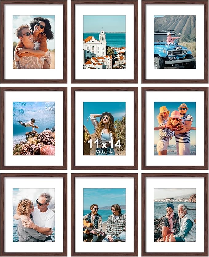 Vittanly 11x14 Picture Frames Set of 9, Shatter Resistant Plexiglass, Display 8x10 Pictures with Mat or 11x14 without Mat, Photo Frames for Wall or Tabletop, Engineered Wood, Walnut