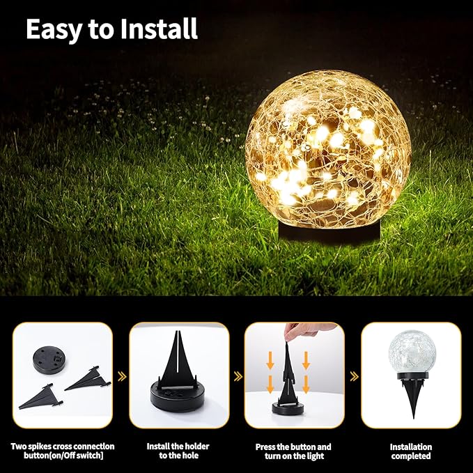 Solar Globe Lights Outdoor Waterproof - Cracked Glass Ball Lights for Garden, Patio, Yard, Lawn and Backyard Decor - Solar Orbs for Outside Decorations