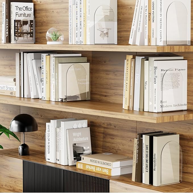 Lulonpon 6 Pieces Book Ends, Bookends, Books End for Shelves, Books End for Heavy Books, Clear Bookends, Acrylic Book Ends for School, Library,Desktop Organizer and Book Shelves