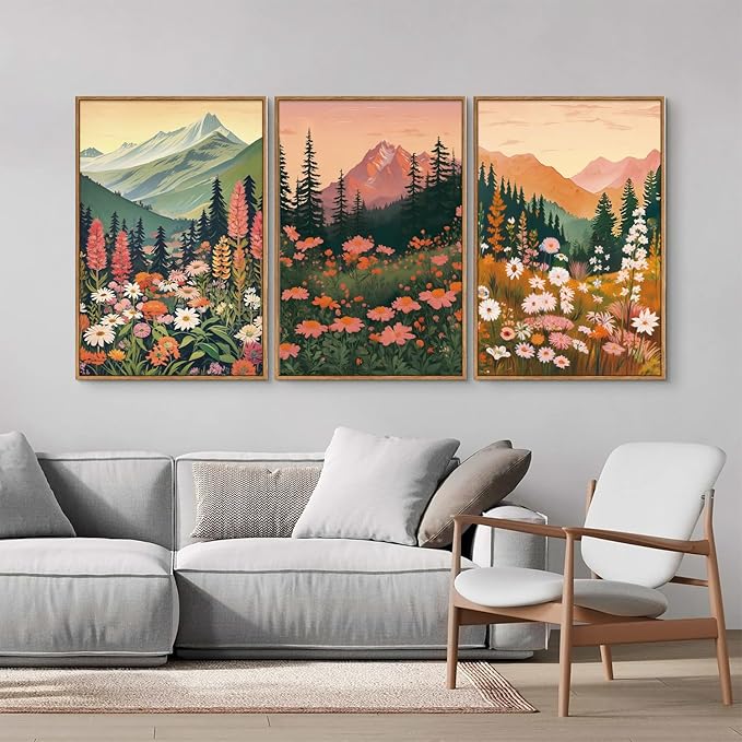 Tinonedraw Mountain Wildflower Framed Canvas Wall Art Set, Boho Mountains Landscape Wall Decor, Modern Floral Forest Scenery Artwork, Neutral Nature Art Prints for Living Room Bedroom Office 24"x36"x3