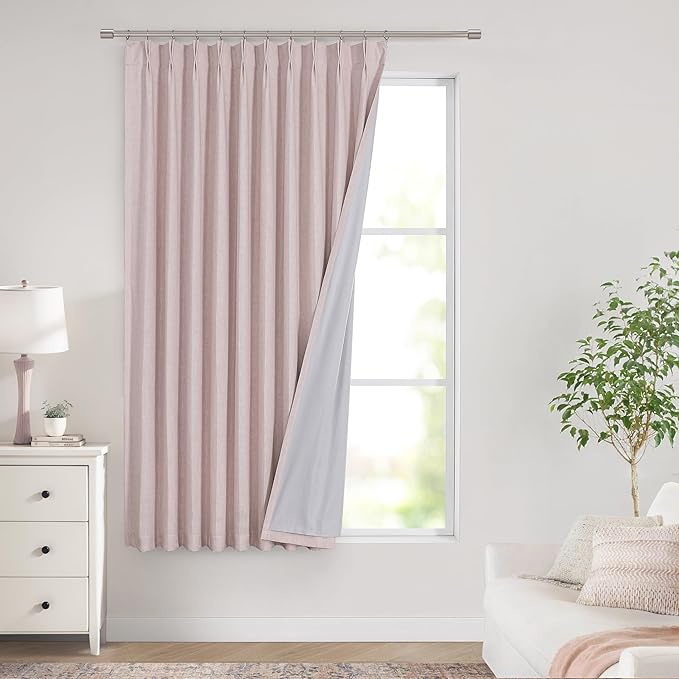 Vision Home Soft Pink Pinch Pleated Full Blackout Curtains Linen Blended Room Darkening Window Curtains 63 inch for Living Room Bedroom Thermal Insulated Pinch Pleat Drapes with Hooks 60" Wx63 Lx1