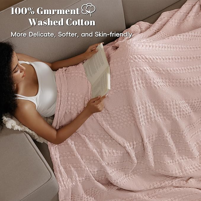 PHF 100% Cotton Waffle Weave Blanket Twin Size, Soft Lightweight Breathable Cozy Summer Blankets for Bed, Luxury Aesthetic Woven Bedding for Home Decor, 66"x90", Pink/Mauve