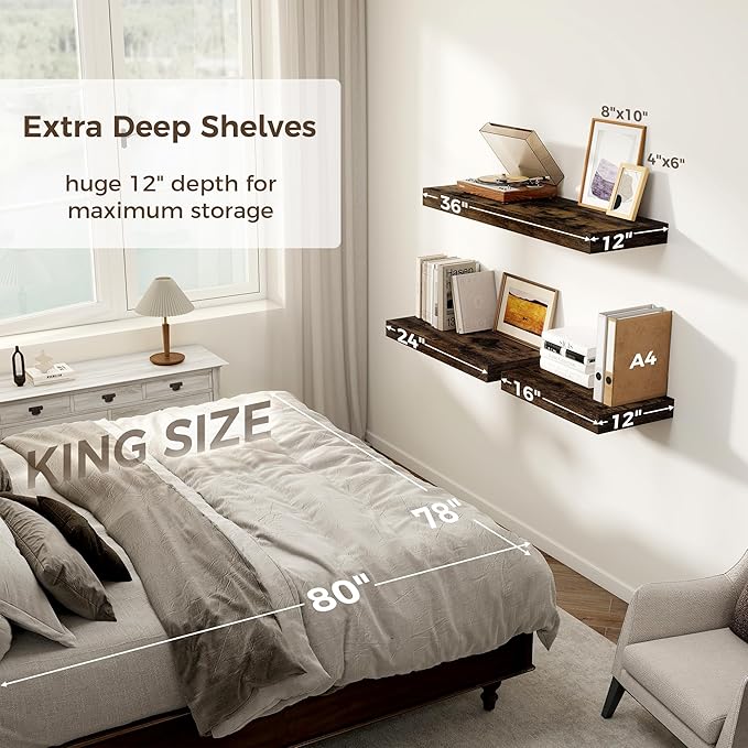 Floating Shelves 36 Inch Long, 12 Inch Deep Floating Shelves for Wall, 36 x 12 Shelves for Wall Storage & Display, 2" Thick Floating Shelf for Bathroom, Living Room, Rustic Brown Color, Set of 1
