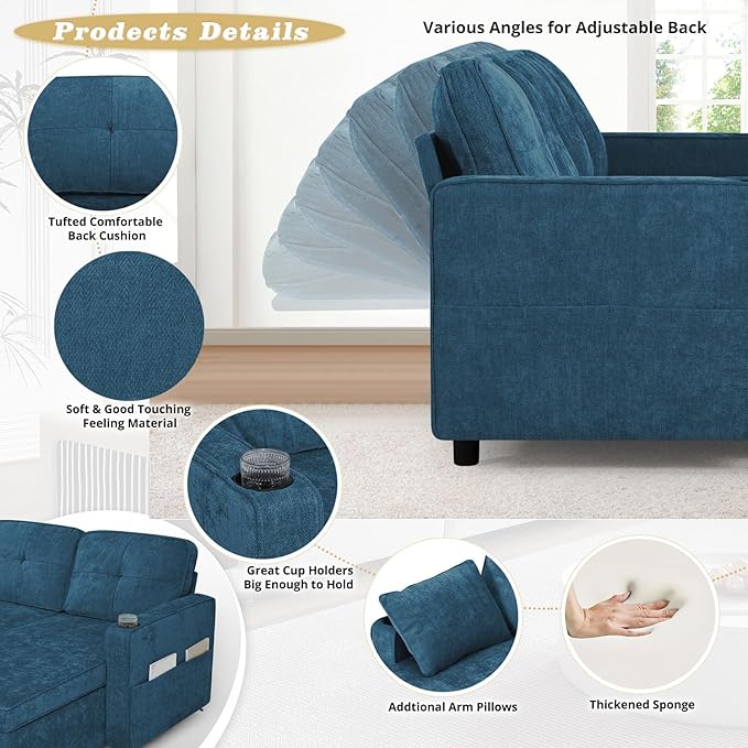 110 Inches Chenille Sectional Sofa w/Pull Out Sofa Bed & Adjustable Back, Tufted U Shaped Couch w/Two Storage Chaises, Sleeper Sectional Sofa w/USB Port & Cup Holders for Living Room, Blue