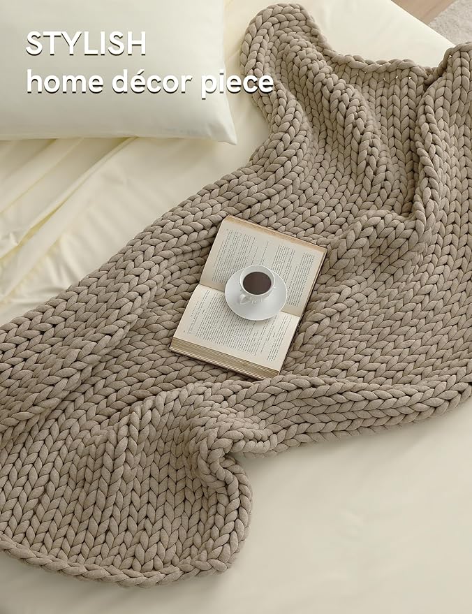 YnM Chunky Throw Blanket, Medium-Weight, Hand Knitted, Skin Friendly, Ventilated and Breathable, Machine Washable, Home Décor Piece for Couch, Sofa and Bed (Beige, 40x50 Inch)