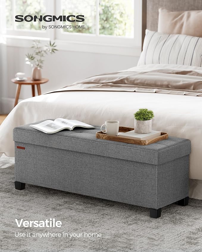 SONGMICS Storage Ottoman Bench, Foldable Foot Rest with Legs, 15 x 43 x 15.7 Inches, End of Bed Bench, Storage Chest, Load up to 660 lb, for Living Room, Bedroom, Entryway, Dove Gray ULSF018G02