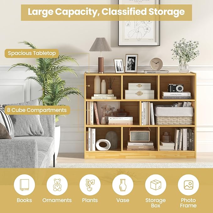 Tangkula 8-Cube Bookcase, Wood 3 Tier Open Storage Bookshelf, Modern Multipurpose Display Cabinet for Living Room, Study, Reading Nook, 48 x 12.5 x 36.5 Inch, Burlywood
