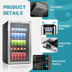 EUHOMY Beverage Refrigerator Cooler, 130 Can Mini Fridge with Glass Door for Soda Beer or Wine, Beverage Cooler for Home, Office, Bar with Adjustable Removable Shelves, Silver