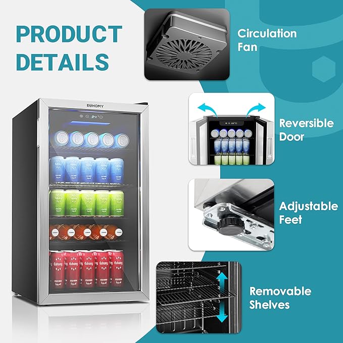 EUHOMY Beverage Refrigerator Cooler, 130 Can Mini Fridge with Glass Door for Soda Beer or Wine, Beverage Cooler for Home, Office, Bar with Adjustable Removable Shelves, Silver