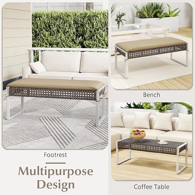 Tangkulka Outdoor Ottoman, Patio Rattan Heavy Duty Wicker Footrest with Soft Cushion & Metal Frame, Extra Seating, for Porch, Backyard, Lawn and Poolside (1)