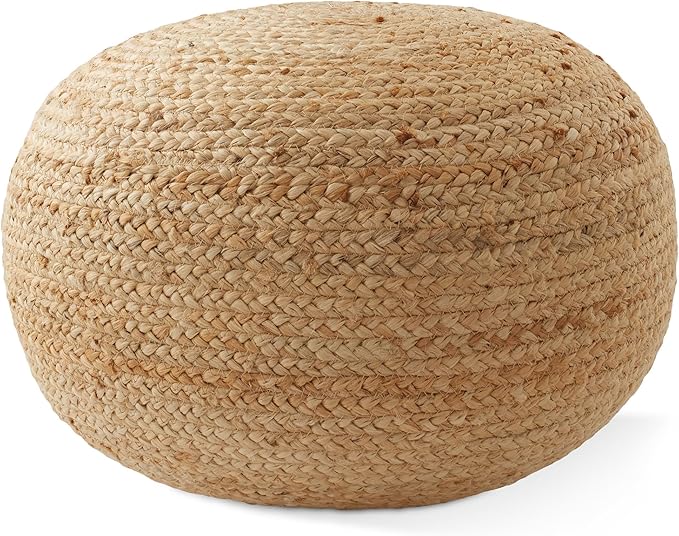 Casafield Hand-Braided Jute Pouf Ottoman Footrest, 19" Round x 10-1/2" High, Natural Woven Boho Floor Cushion, Home Decor for Living Room, Bedroom, Apartment