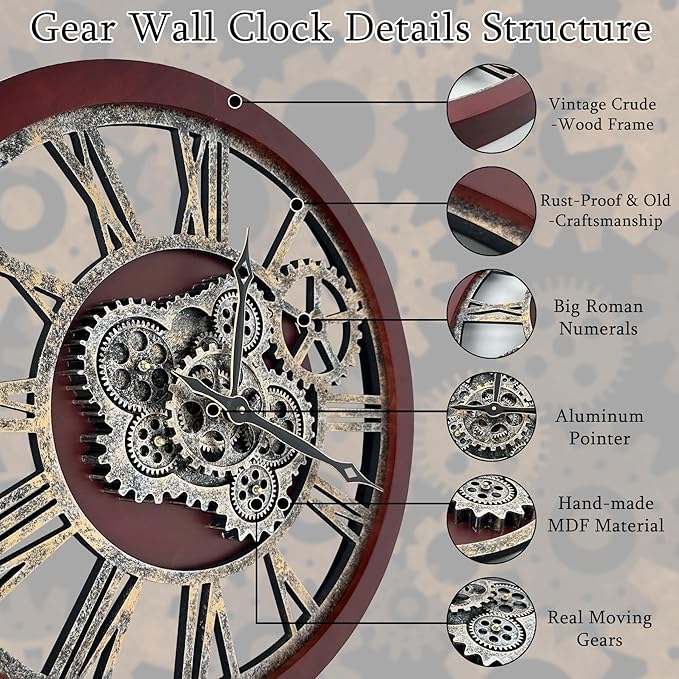 HOIBAI Large Wall Clock, 18 Inch Wall Clocks for Living Room Decor Farmhouse Vintage Rustic Kitchen Wall Decor Vintage Roman Big Oversized Wall Clock for Home Bedroom House Office, Moving Gears Clock