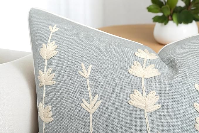 VAGMINE Hand Embroidered Daisy Accent Throw Pillow Cover - 20x20 Inches Square - 100% Cotton Robins Egg Decorative Cushion Cover for Couch, Sofa, Chair - Textured Embroidery - Boho Floral Home Décor
