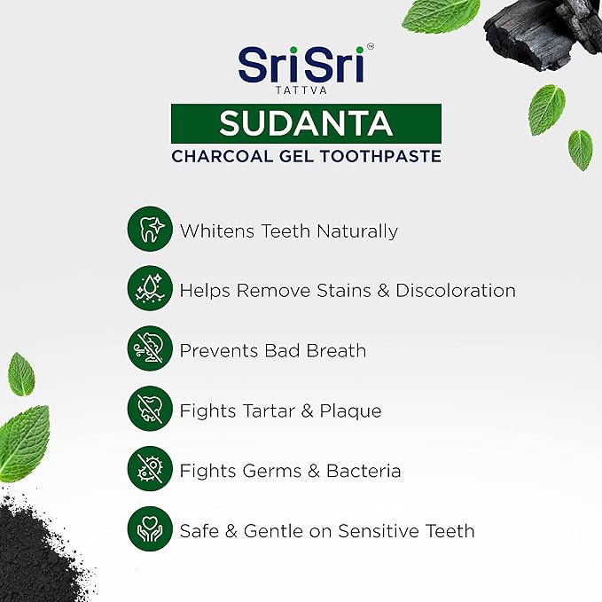 Sri Sri Tattva Sudanta Charcoal Toothpaste Gel – SLS, Fluoride Free Herbal Toothpaste with Neem & Ayurvedic Herbs – Natural Teeth Whitening, Fresh Breath, Oral & Gum Health – 100g Tube (Pack of 1)