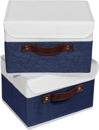 ANMINY 2PCS Storage Boxes with Lid Washable Decorative Storage Bin Basket with PU Leather Handle Foldable Linen Fabric Storage Cube Container for Home Closet Organizer - Deep Blue White, Small Size