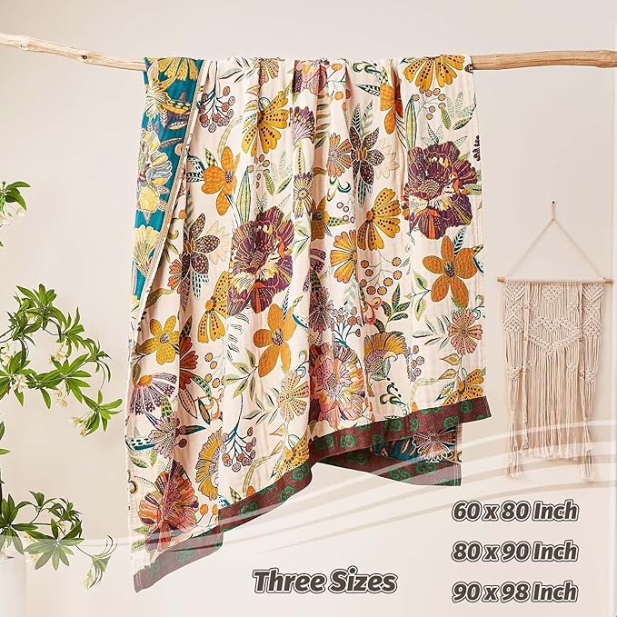 Boho Throw Blanket, 100% Cotton Ultra Soft Luxury Throw Rustic Quilt, 80"x90" Floral Printed Farmhouse Decor Bed Summer Blankets, All Season Rustic Reversible Bohemian Throw for Bed - White