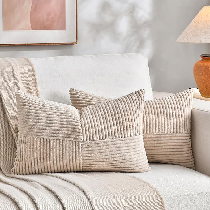 Fancy Homi 2 Packs Tan Lumbar Decorative Throw Pillow Covers 14x24 Inch for Living Room Couch Bed Sofa, Boho Home Decor, Soft Striped Corduroy Rectangle Accent Beige Cushion Case 35x60 cm
