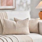 Fancy Homi 2 Packs Tan Long Lumbar Decorative Throw Pillow Covers 16x24 Inch for Couch Bed Sofa, Rustic Farmhouse Boho Home Decor, Soft Striped Corduroy Rectangle Accent Beige Cushion Case 40x60 cm