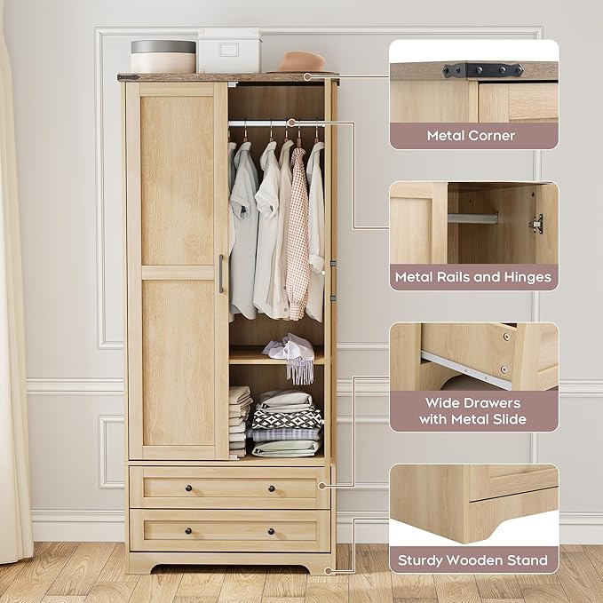 Brafab Armoire Wardrobe Closet with 2 Modern Doors Set of 2, 71" Tall Freestanding Closet Wardrobe Cabinet with Drawers and Hanging Rail, Wooden Storage Cabinet with Shelve for Bedroom,Natural
