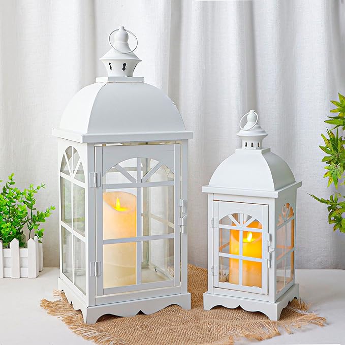 TRIROCKS Set of 2 Decorative Vintage Candle Lanterns 14.5"&20" H Farmhouse Outdoor Hanging Lanterns with Tempered Glass for Porch, Balcony, Patio, Home, Centerpieces, Indoor, Outdoor(White)