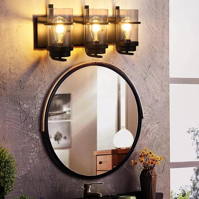 Bathroom Vanity Light Fixtures,Rustic Matte Black Vanity Lights 3 Bulb,Industrial Bathroom Light 3 Pack(Bulbs not Included)