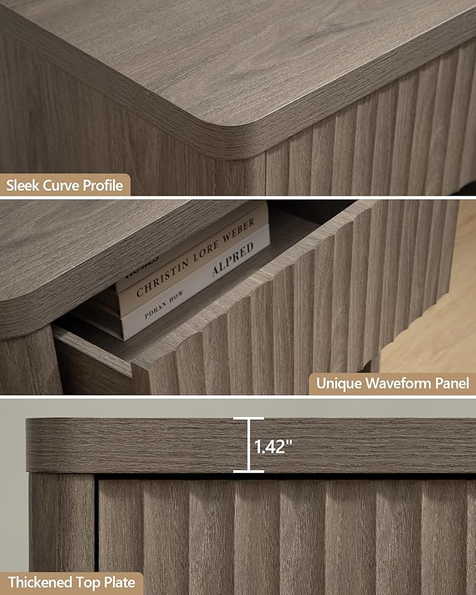 SICOTAS Large Nightstand with Drawer Storage - Grey Alder