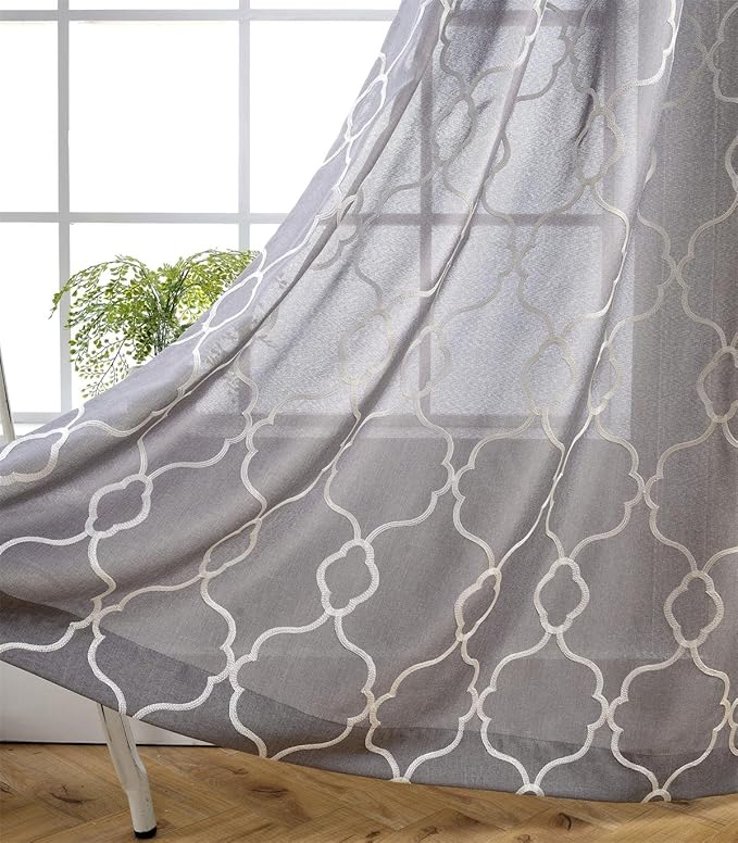 MIUCO Moroccan Embroidery Semi Sheer Curtains Faux Linen Grommet Curtains for Bedroom 52 x 63 Inch 2 Panels, Grey