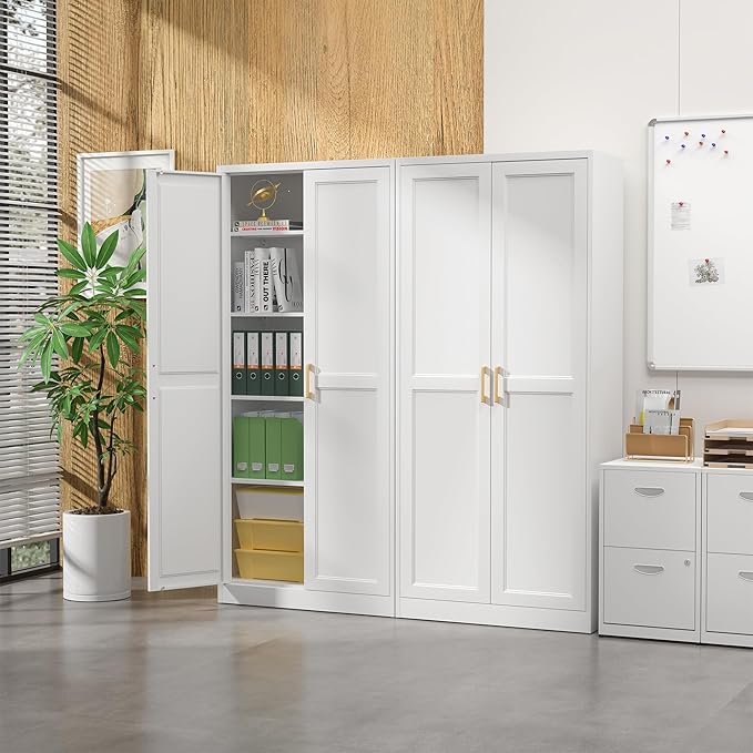 Kitchen Pantry Cabinet,71”White Metal Pantry Storage Cabinet with Doors and 4 Adjustable Shelves,Kitchen Cabinet with 2 Gold Handles,Tall Cabinet for Livingroom,Pantry, Bathroom,Kitchen