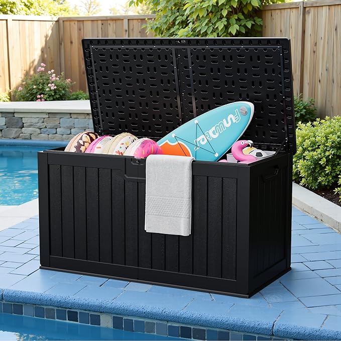 JUMMICO 250 Gallon Outdoor Resin Deck Box with Divider, Waterproof Storage Box with Lockable Lid&Side Handles for Garden Tools, Pools Supplies (Black)
